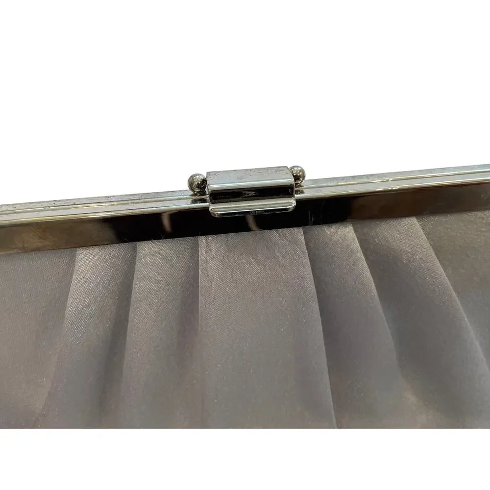 Jessica McClintock Silver Satin Clutch, Evening Clutch, Drop Chain, Clasp
